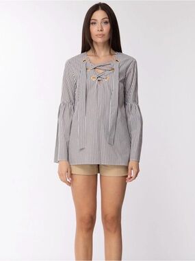 Michael Kors Black and White Striped Lace-Up Long Sleeve Tunic Blouse